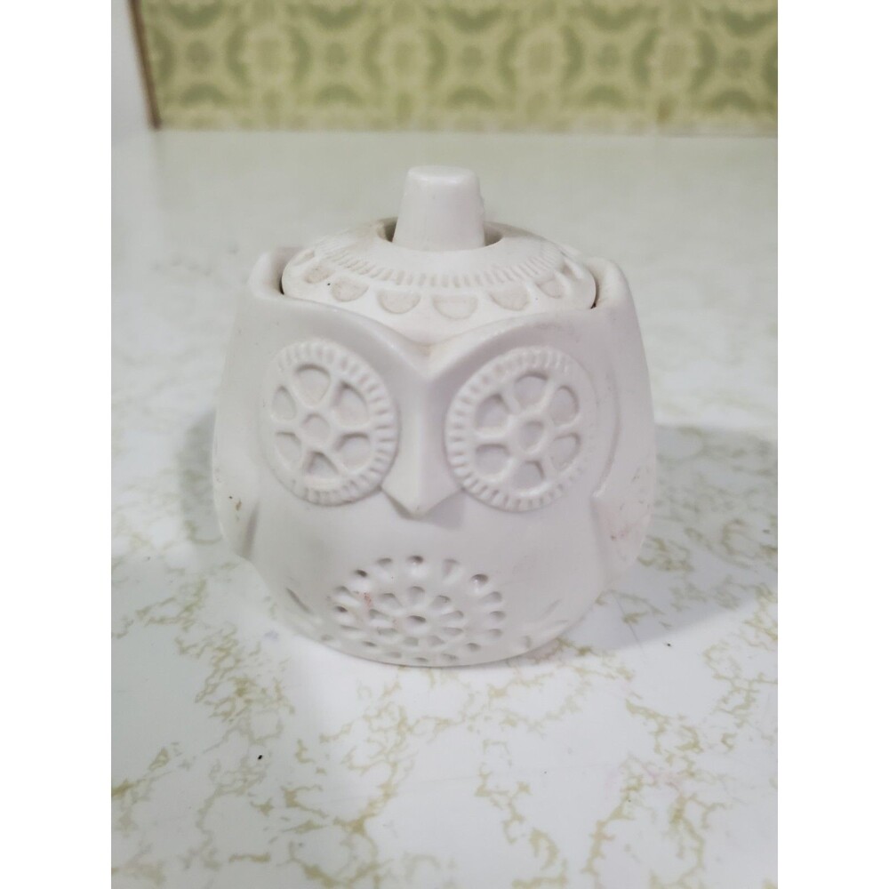 Vintage White Owl Ceramic Candle Holder Hallmark With Lid 2" Tall